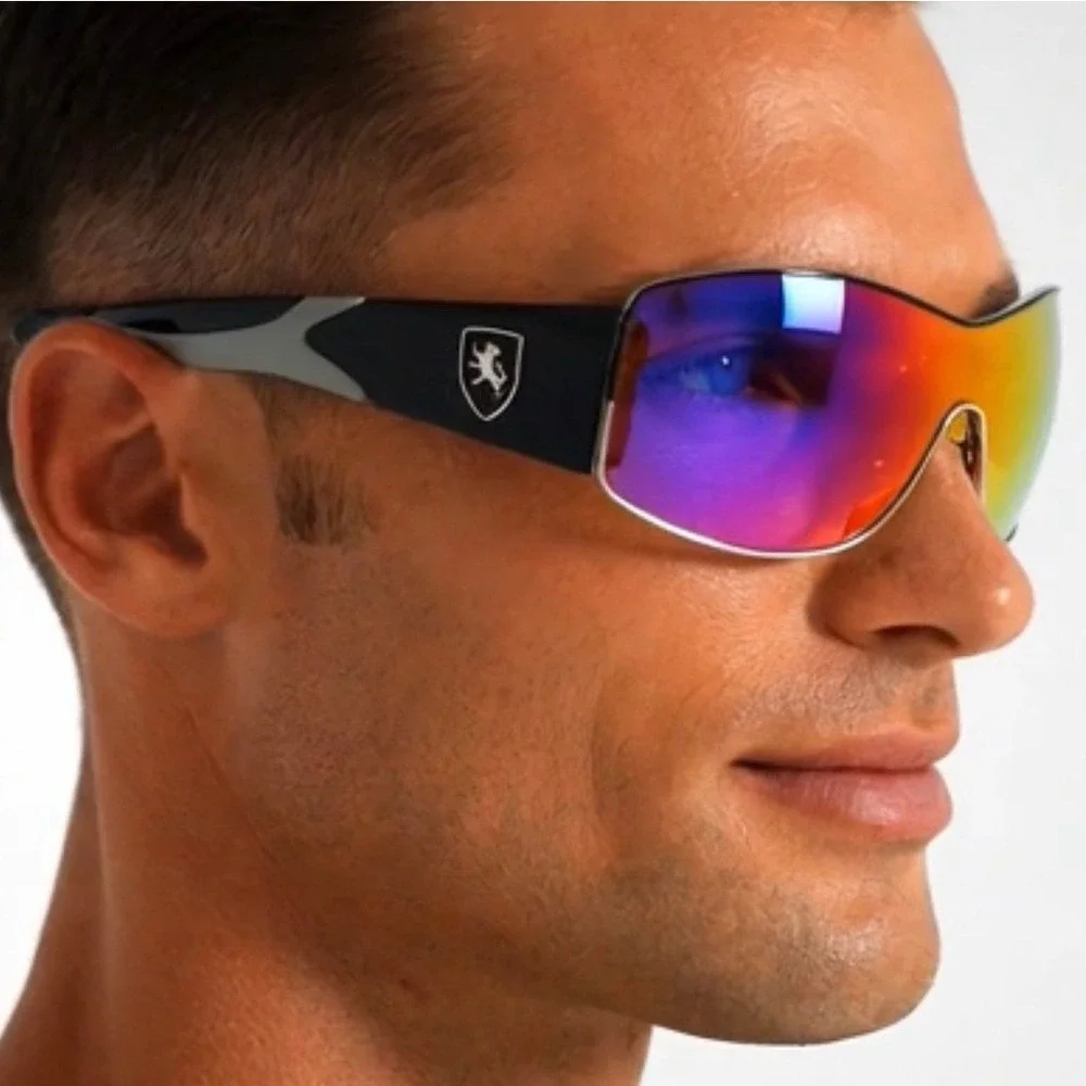 Men Black Shield Wrap Sunglasses Blue Orange Mirror Lens Fishing Performance New
